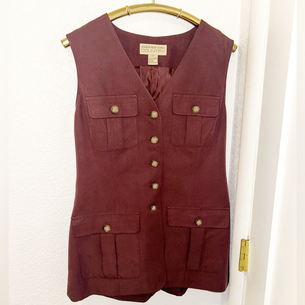Vintage Y2K Safari Style Vest by Jones New York Mulled Wine Collarless SZ: 10